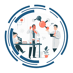 A cartoon of 3 people working in a laboratory